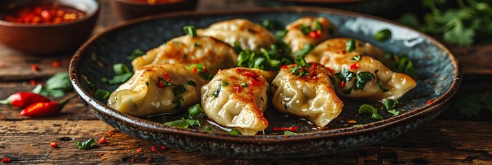 A plate of assorted Asian dumplings, garnished with sesame seeds and served with vegetables and a dipping sauce. Concept: Asian cuisine menu