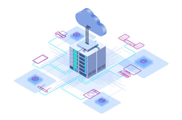 Data center or server room processing data operation with security protection and maintenance with isometric design style - vector	
