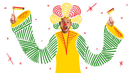 Banner. Modern aesthetic artwork. Man dressed as clown in whimsical headdress playing with grogger...