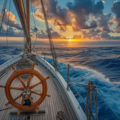 Fototapeten Ship Wheel on Yacht amidst Vast Sea and Sky at Sunset. © Nim