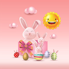 Easter bunny with colorful Easter eggs. Happy Easter holiday concept,
 minimalistic style, 3d vector. Space for copying.