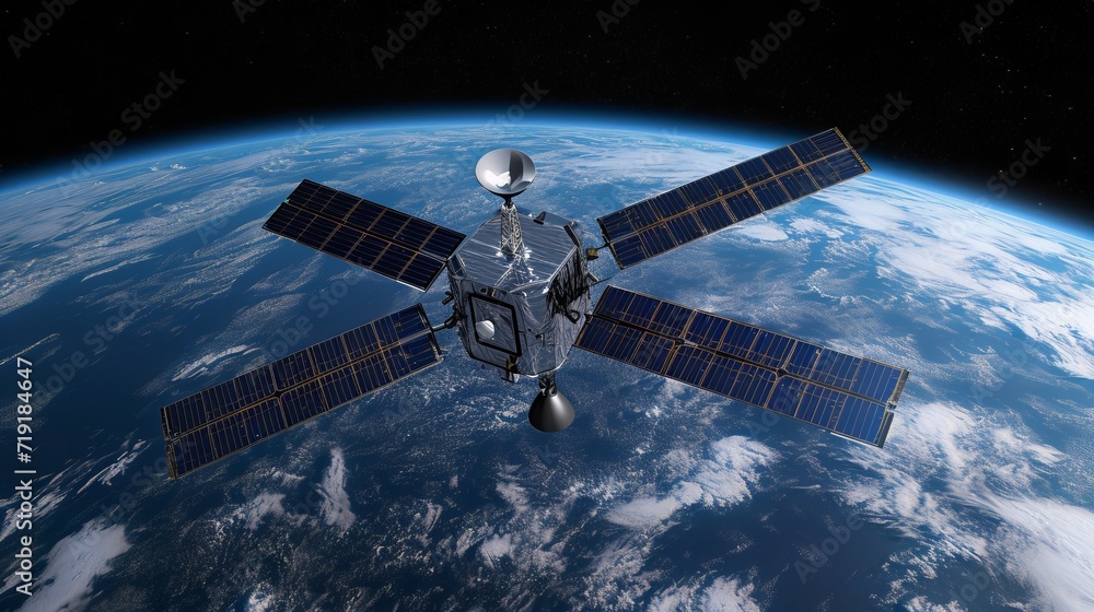 Poster futuristic telecom satellite with data hologram for internet and gps services orbiting earth