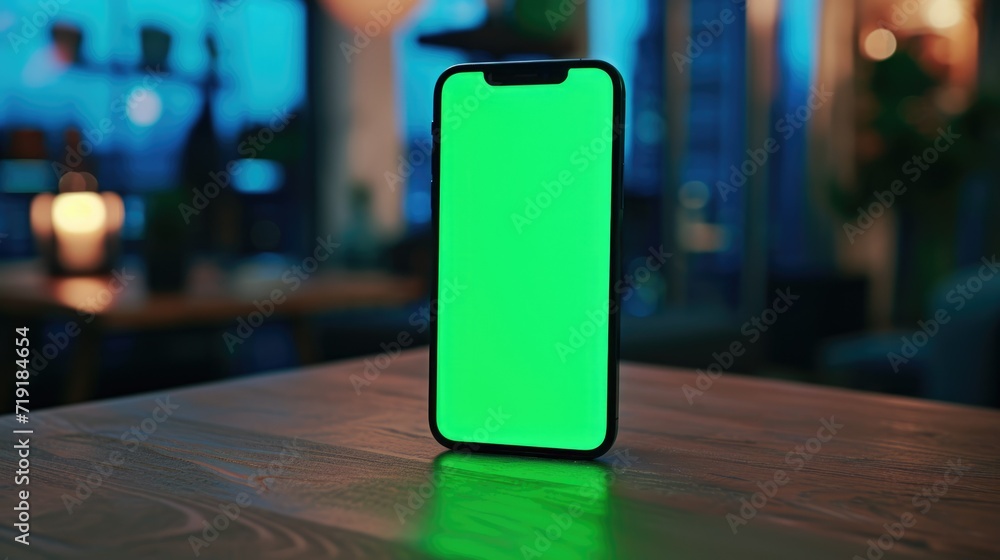 Wall mural cell phone with green screen mock up lying on table. mobile smartphone chroma key template. cellphon