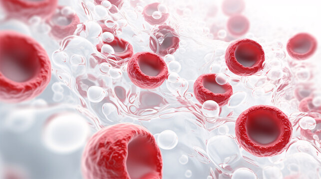 3D-rendered lymphocytes, featuring a large nucleus and translucent membrane, isolated on a white background.