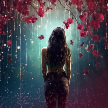 Woman valentines rain. Spring floral background with rain drops and free space for text...... Facing away from view