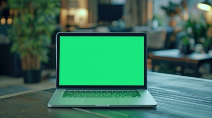 Laptop with green screen mock up lying on table. Computer with chroma key template. MacBook display close up. Business mockup empty blank space. Modern gadget on wooden table in horizontal position. - obrazy, fototapety, plakaty