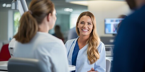 Fototapeta premium Friendly female healthcare professional interacting with colleagues. candid workplace moment in medical setting. contemporary clinic environment. AI