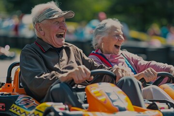 Fototapeta na wymiar A couple of cheerful elderly people go karting