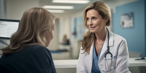 Obraz premium Caring female doctor in consultation with patient. healthcare professional in hospital. modern medical setting. compassionate encounter. AI