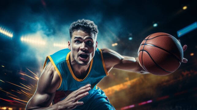 Dynamic image of muscular young man, basketball player in motion during game, dribbling ball on sport court.