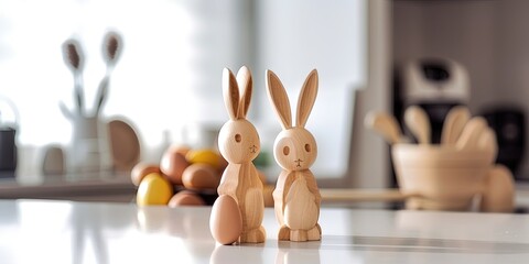 Wooden Easter bunny figurines on the kitchen table