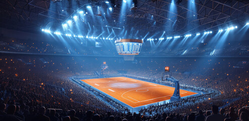 Basketball arena with vibrant lighting and a central court view, sport fans sitting on fan zone. Before game.