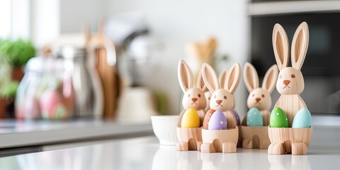 Easter bunny figurines with easter eggs - obrazy, fototapety, plakaty