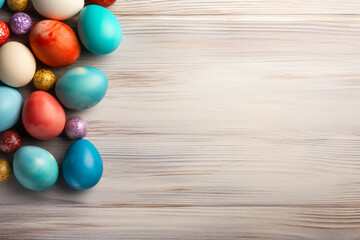 Obraz premium Multi-colored Easter eggs on light wooden background. Easter stylish minimal composition. Close-up. View from above. Place for text