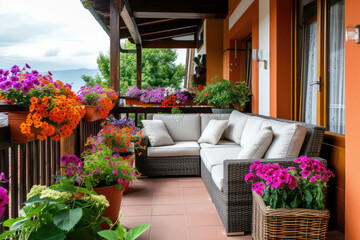 Fototapeta na wymiar Large balcony with cozy sofas and armchairs and flower pots