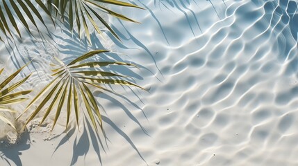 Tropical leaf shadow on water and white sand beach, beautiful abstract background for vacation.