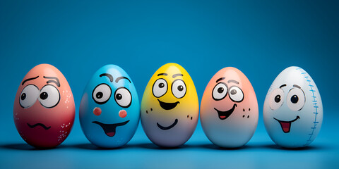 A group of eggs with a smiling face and a green eye with a blue background.
