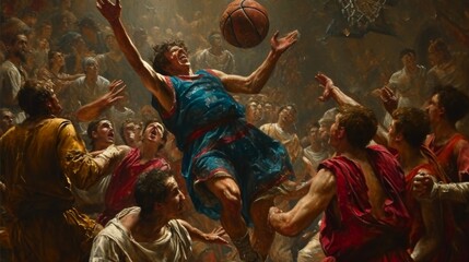 Renaissance art with modern flow. Basketball player placed in picture depicting medieval people. - obrazy, fototapety, plakaty