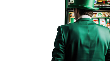  gentleman in green suit and green bowler hat infront of casino slots machine