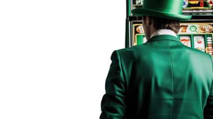  gentleman in green suit and green bowler hat infront of casino slots machine
