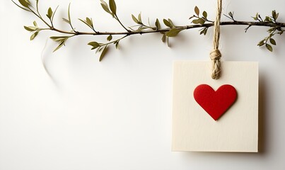 A paper heart card hanging on a tree branch
