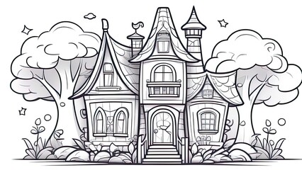 Fototapeta premium Fairy House Coloring Page, Fairy House Line Art. Fairy House Adult Coloring Page.