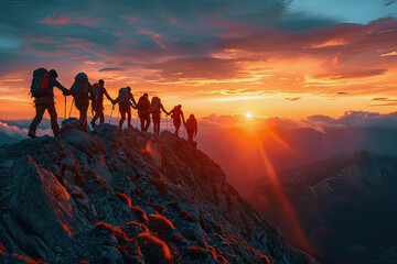 Hiking Group Surrounded by Mountain Scenery - obrazy, fototapety, plakaty