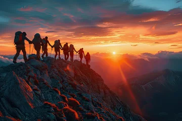 Peel and stick wall murals orange glow Hiking Group Surrounded by Mountain Scenery
