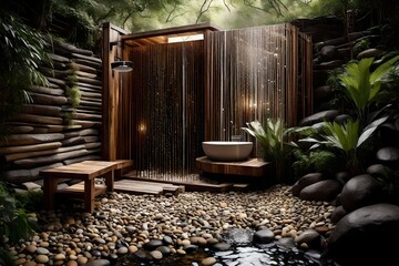 A rustic outdoor shower with wooden privacy screens, a rainfall showerhead, and river rocks lining the floor, offering a refreshing and nature-inspired bathing experience.