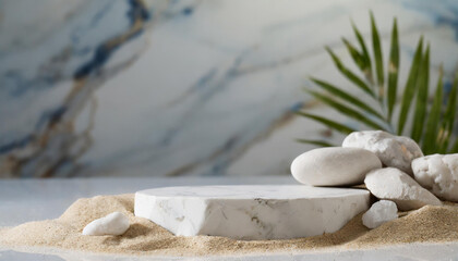 Fototapeta na wymiar A composition of marble pedestals, and stones on sandy surface, set against a marbled backdrop. Ideal for product display or nature-themed content