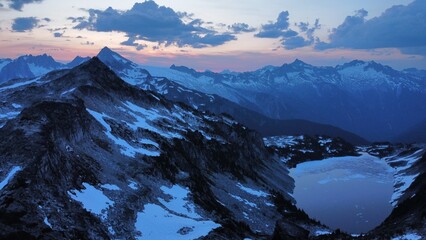 Blue hour in the cold snowy mountains