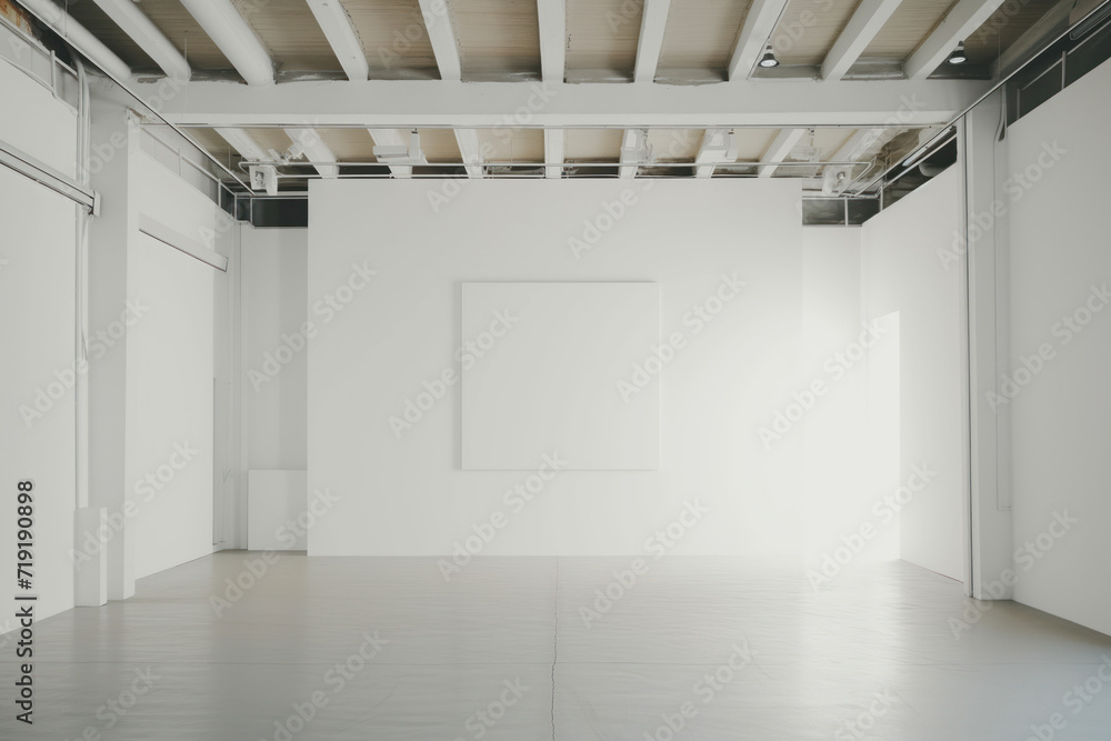 Poster empty interior of a modern art gallery. white canvas. created with generative ai technology