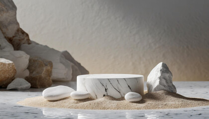 A composition of marble pedestals, and stones on sandy surface, set against a marbled backdrop. Ideal for product display or nature-themed content