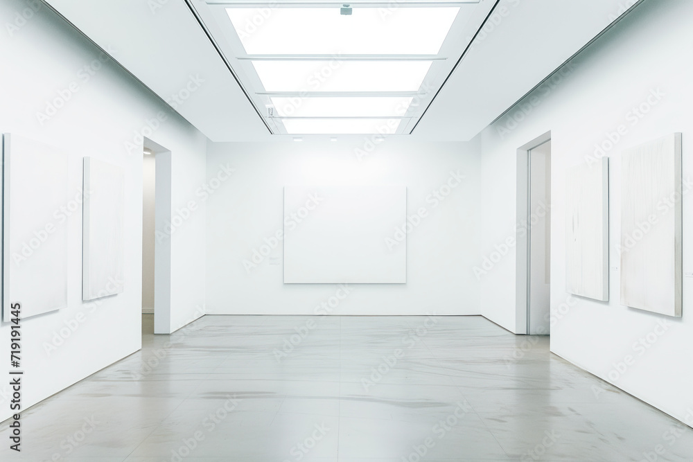 Poster empty interior of a modern art gallery. white canvas. created with generative ai technology