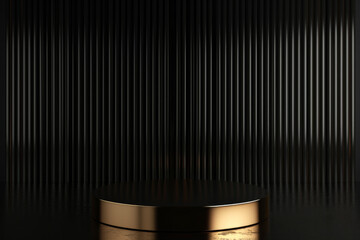 Minimal black scene with golden lines. Cylindrical gold and black podium on a black background.