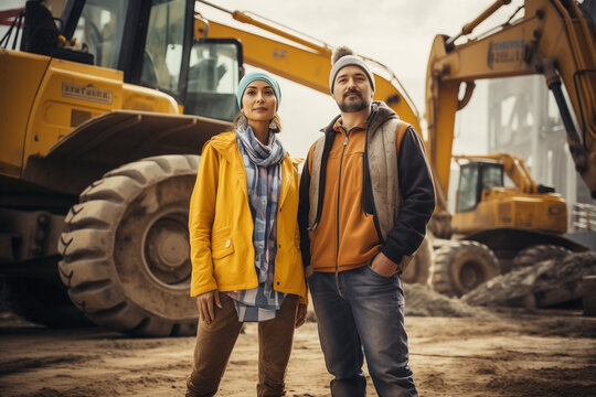 Female foreman and male crane operator at the construction site with visible excavators and cranes. Professionals collaborating and providing skills guaranteeing efficient management.