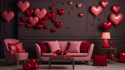 Interior of festive living room decorated with hearts for Valentine's Day celebration