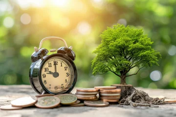 Fotobehang Money coins with retro alarm clock and tree, Return on investment, deposit, growth of income © Kien