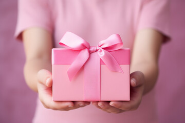 Child hands holding pink colored gift box with pink bow
