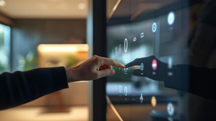  A sleek smart home control panel, fingers adjusting settings with a touch. 
