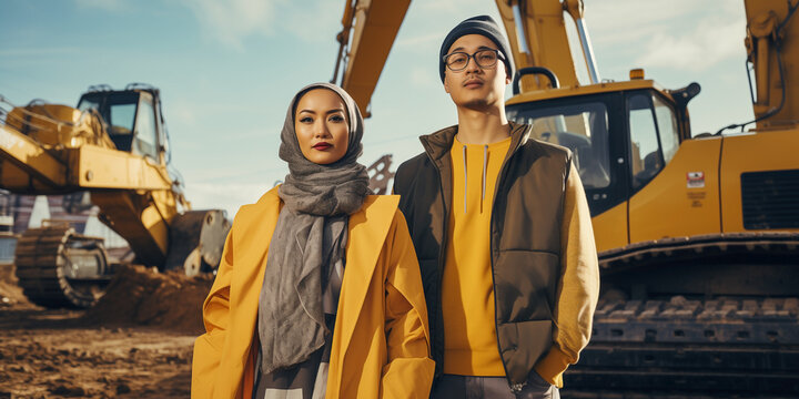 Asian man surveyor and Japonese woman contractor coordinating tasks at the construction site around excavators and cranes.