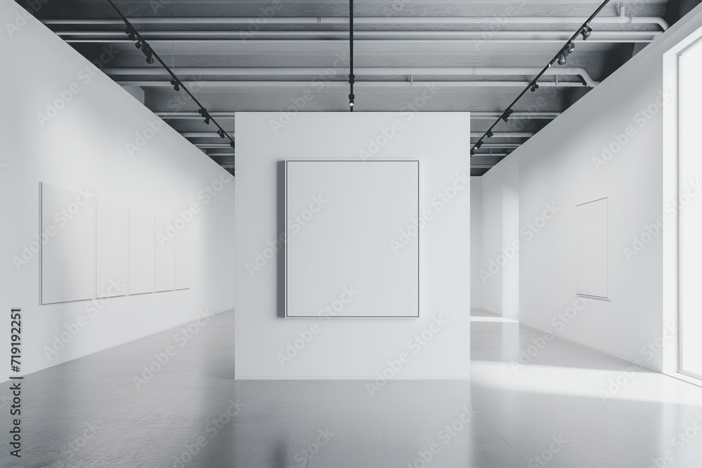 Poster empty interior of a modern art gallery. white canvas. created with generative ai technology