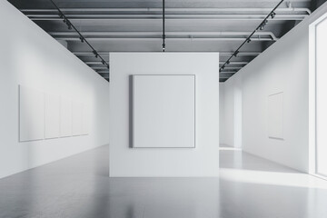 Empty interior of a modern art gallery. White canvas. Created with Generative AI technology
