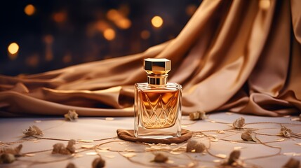 Luxury perfume with golden silk textile on background. - obrazy, fototapety, plakaty