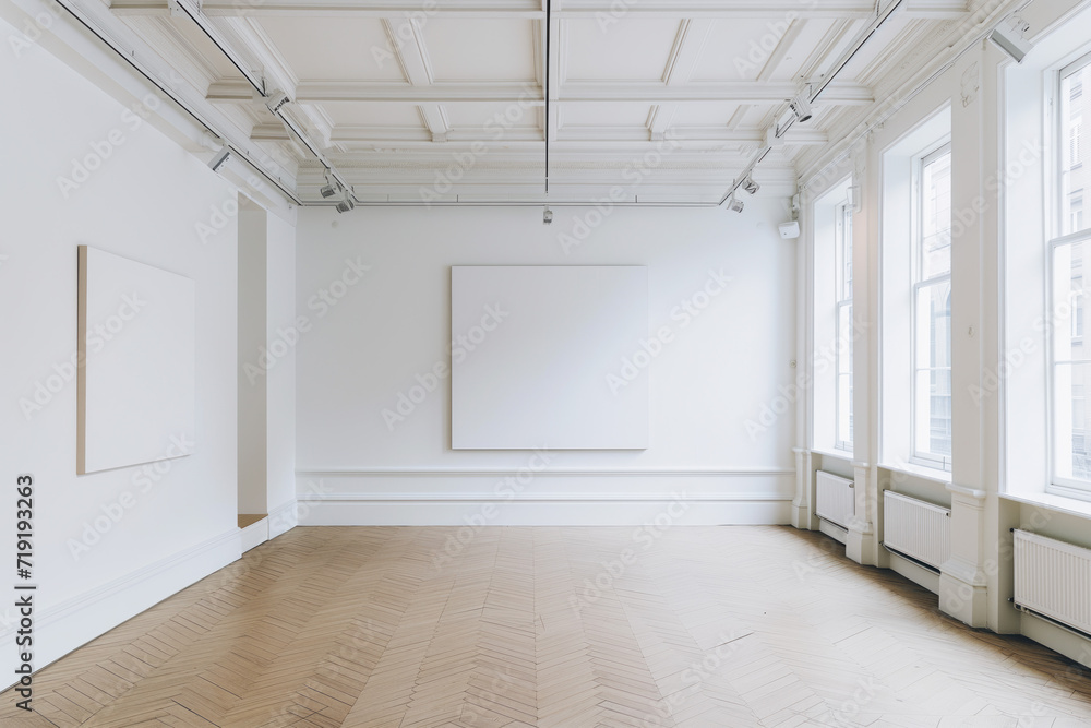 Aufkleber empty interior of a modern art gallery. white canvas. created with generative ai technology