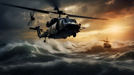military war helicopters over the ocean - obrazy, fototapety, plakaty