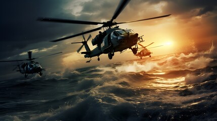 military war helicopters over the ocean - obrazy, fototapety, plakaty