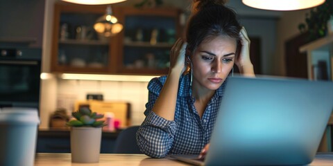 Image of anxious female executive working remotely on computer feeling stressed exhausted and swamped.