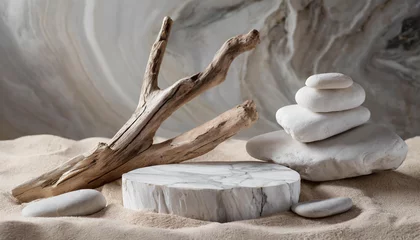 Foto op Canvas A composition of marble pedestals, driftwood, and stones on sandy surface, against a marbled background. Ideal for product display or nature-themed content. © LADALIDI