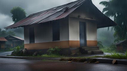 Abandoned house in the village with overcast and rainy day, muddy and wet street - obrazy, fototapety, plakaty